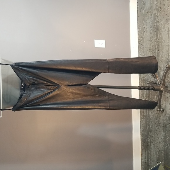 Black genuine leather womens pants size 14 flat front. Partially lined. Sharp - Picture 1 of 15